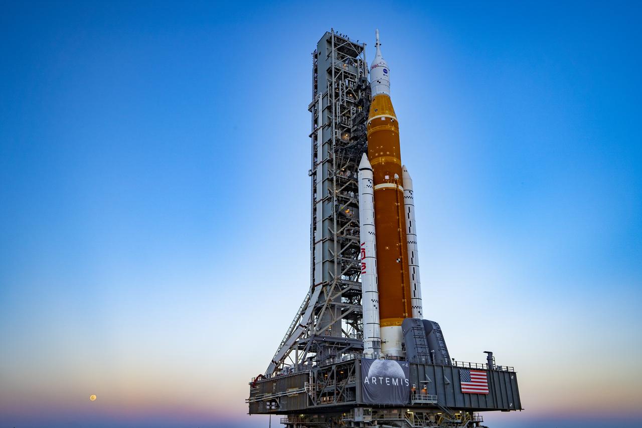 Space Launch System (SLS) rocket and Orion Spacecraft rollout at Kennedy Space Center